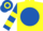 Yellow, royal blue disc, royal blue and yellow hooped sleeves and cap