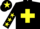 Black, yellow cross belts, black sleeves, yellow stars, black cap, yellow star