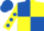 Royal blue and yellow (quartered), yellow sleeves, royal blue spots, royal blue cap