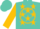 Turquoise, gold '3e', white 'j' in gold circle, gold stars and cuffs on sleeves