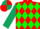 Red body, green diamonds, dark green arms, green cap, dark green quartered