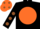 Black, orange disc, black sleeves, brown spots, orange cap, brown spots