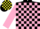 Black, yellow sun, pink blocks on sleeves