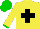 Yellow, black cross, green  cuffs on sleeves, green cap