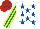 White, royal blue stars, emerald green & yellow striped sleeves, red cap, royal blue stars