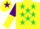 Yellow and purple thirds, lime green stars, lime green star stipe on purple and yellow halved sleeves