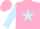Pink, light blue star, pink bars on light blue sleeves, pink cap