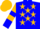 Blue, gold stars, gold sleeves, blue hoop and cuffs, gold cap