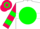 White, fuchsia 'b' on kelly green ball on fuchsia and kelly green belt