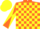 Fluorescent orange and yellow blocks, orange and yellow diagonal quartered sleeves, yellow cap, orange hoops