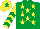 Emerald green, yellow stars, yellow and emerald green chevrons on sleeves, yellow cap, emerald green star
