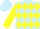 Light blue, hot pink and bright yellow diamonds on back, bright yellow sleeves