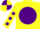 Yellow, purple disc, yellow sleeves, purple spots, quartered cap
