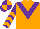 Orange, purple chevron, purple and orange chevrons on sleeves, purple and orange quartered cap