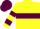 Yellow, maroon hoop, hooped sleeves, maroon cap