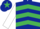 Dark blue, emerald green chevrons, white sleeves, dark blue cap, emerald green star