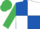 Royal blue, emerald green, red and white quartered, emerald green sleeves and cap