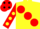 Yellow, large red spots, red sleeves, yellow spots, red cap, black spots