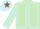 Light green, light blue seams, striped sleeves, light blue cap, brown star