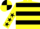 Yellow, black hoops, yellow sleeves, black stars, quartered cap