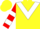 Yellow, red and white inverted chevron, red and white bars on sleeves, yellow cap