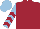 Maroon, light blue and maroon chevrons on sleeves, light blue cap