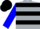 Silver and black diagonal hoops, blue sleeves, black cap