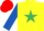 Yellow, emerald green star, royal blue sleeves, red cap
