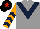 Grey, dark blue chevron, orange and dark blue chevrons on sleeves, black cap, red star