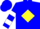 Blue, yellow diamond belt, white bars on sleeves