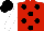 Red, black spots, white sleeves, black cap