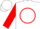 White, red circle design, white o, red sleeves, white cuffs