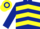 Dark blue, yellow chevrons, dark blue sleeves, dark blue cap, yellow hoop