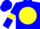 Blue body, yellow disc, blue arms, yellow armlets, blue cap