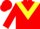 Red body, yellow chevron, red arms, red cap, yellow striped