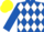 Royal blue & white diamonds, royal blue sleeves, yellow cap