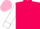 Hot pink, white circled red p, white cuffs on sleeves, pink cap
