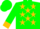 Green, gold 'm', gold stars, gold cuffs