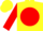 Yellow, yellow 'ds' on red ball, red sleeves, yellow cap