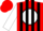 Red, black circle, black 'l' in white ball, black stripes on white sleeves, red cap