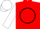 Red, black circle, black 'w', black bars on white sleeves, white cap