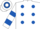 White, royal blue spots, hooped sleeves and cap