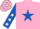 Pink, royal blue star, royal blue sleeves, white stars, royal blue cap, white stars