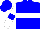 Blue, white belt, blue band on white sleeves