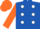 ROYAL BLUE, white spots, orange sleeves & cap