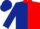 Dark Blue and Red halved horizontally, red collar, dark blue sleeves, red cuffs, dark blue cap, red peak