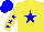 Yellow body, blue star, yellow arms, blue stars, blue cap