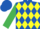 Royal Blue and Yellow diamonds, Emerald Green sleeves, Royal Blue cap