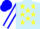 Light blue, lemon yellow stars, white sleeves, blue seams, blue cap