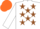 White, brown stars, white sleeves, orange cap